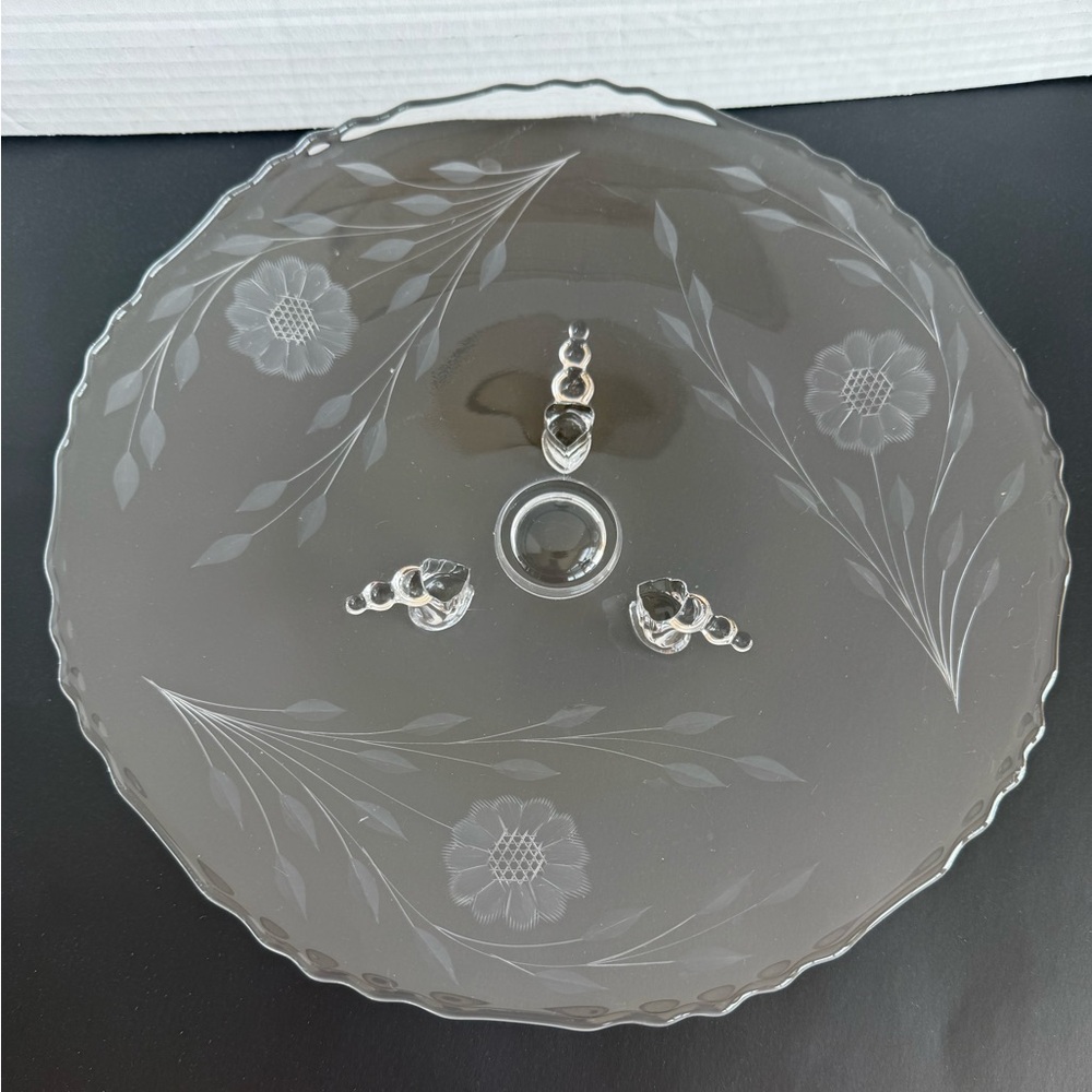 Vintage W.J. Hughes Corn Flower Etched Crystal Footed Cake Plate Serving Plate